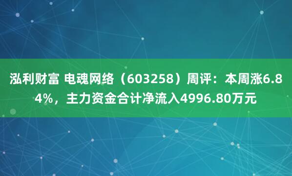 泓利财富 电魂网络（603258）周评：本周涨6.84%，主力资金合计净流入4996.80万元